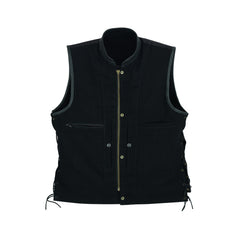 Inside view of the waistcoat showing a YKK No.5 coil zipper pocket on the left side, along with other pockets stitched with micro liner, including a simple inside pocket and deep concealed gun pockets with snap closures.