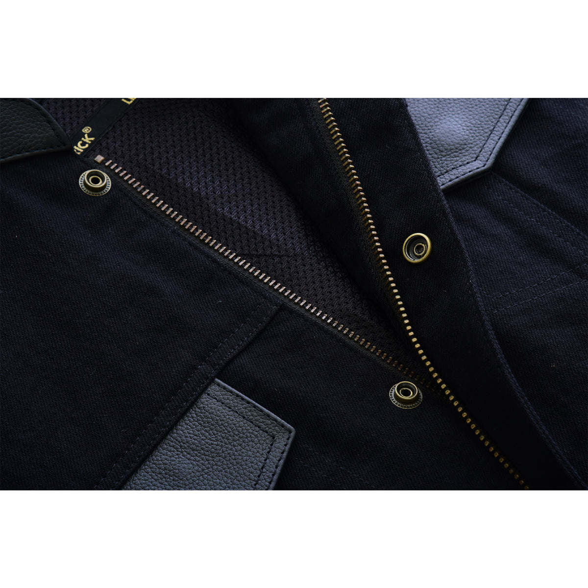 Diagram showcasing the layout of zippers and metal snaps: 1 antique brass zipper for front closure, 1 coil zipper on the left side pocket, and the 4 front hidden metal snaps for secure vest closure.