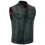 Front view of SOA Pre Waistcoat in black cow leather with black stitching and red & black paisley satin liner for men.
