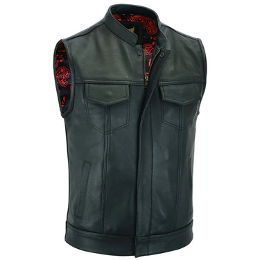 Front view of SOA Pre Waistcoat in black cow leather with black stitching and red & black paisley satin liner for men.
