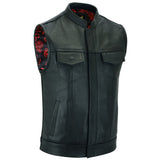 Side angle of SOA Pre Waistcoat showcasing black-thread stitching and premium leather finishing on armholes.