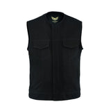 Detailed view showing pure denim finishing along the collar and armholes, providing a rugged and clean look.