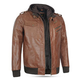 A brown Victor buffalo leather bomber jacket for men featuring a removable black hood and multiple zip pockets.