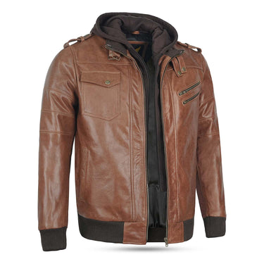 A brown Victor buffalo leather bomber jacket for men featuring a removable black hood and multiple zip pockets.