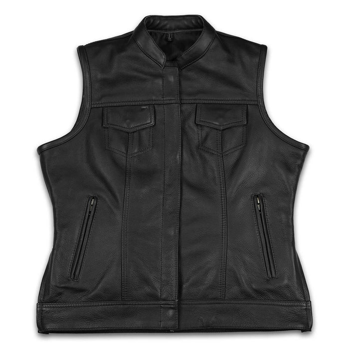 Women's SOA Style Black Leather Motorcycle Waistcoat