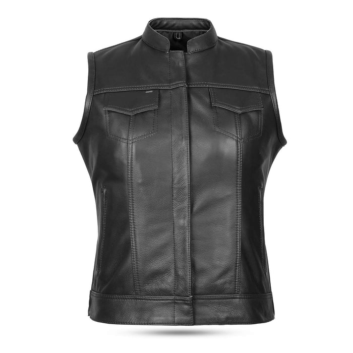 Women's SOA Style Black Leather Motorcycle Waistcoat