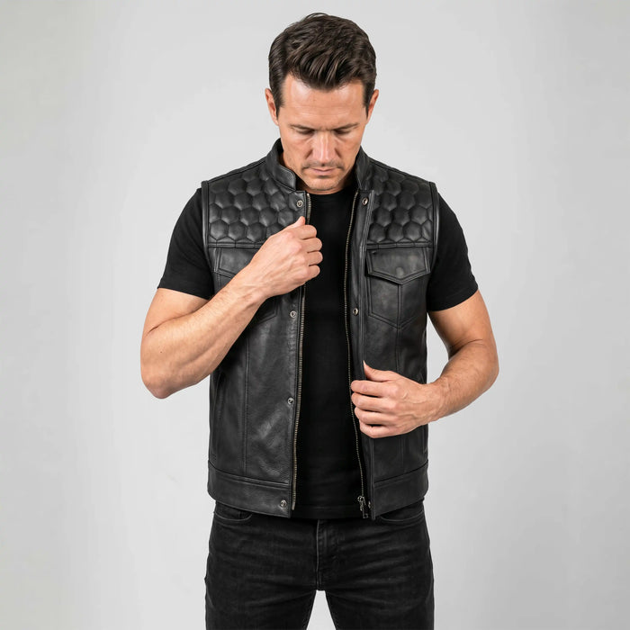 Leatherick SOA Black Honeycomb Stitch Leather Vest