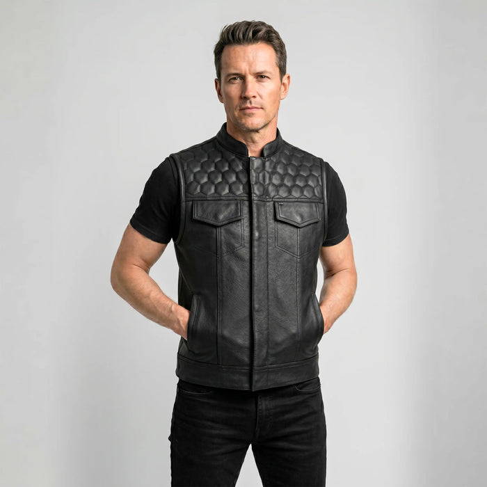 Leatherick SOA Black Honeycomb Stitch Leather Vest