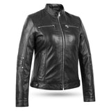 Chaqueta de cuero negra estilo café racer para mujer de Blair Tan 
