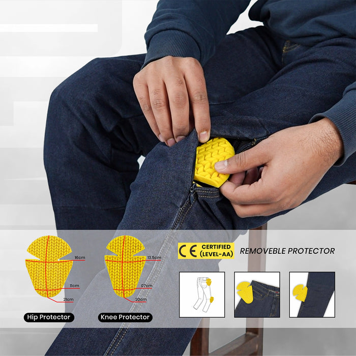An infographic demonstrating the removable CE Level AA certified knee and hip armor inserts for men's blue motorcycle riding jeans.