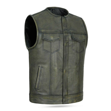 Chaleco de cuero sin cuello marrón desgastado Leatherick Anarchy Club