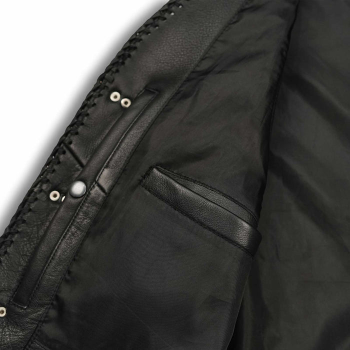 Detailed view of 2 deep inside pockets with black brass button closures on the Short Body Fish Hook Leather Waistcoat.
