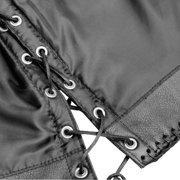 Close-up view of black leather side laces passing through 28 shiny silver eyelets on the Short Body Fish Hook Waistcoat.