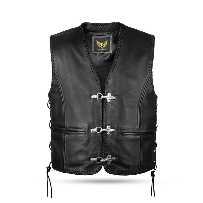 Front view of Short Body Fish Hook Cow Natural Leather Waistcoat with side laces, featuring 3 chrome brass fish hook fasteners and black braided leather detailing