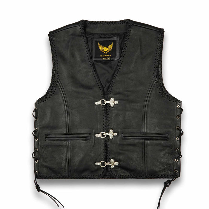 Front view of Short Body Fish Hook Cow Natural Leather Waistcoat with side laces, featuring 3 chrome brass fish hook fasteners and black braided leather detailing