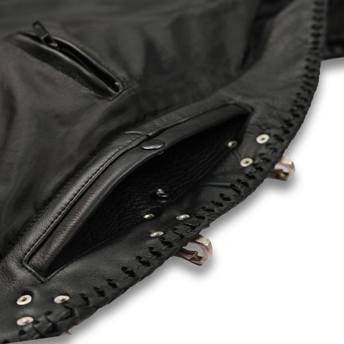 Detailed view of 2 deep inside pockets with black brass button closures on the Short Body Fish Hook Leather Waistcoat.