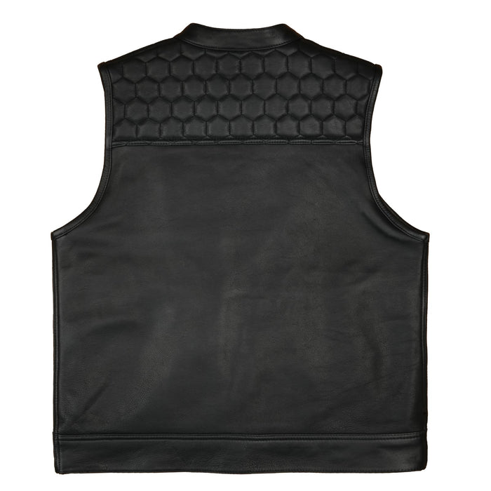 Back view of SOA Black Leather Waistcoat showcasing large back panels with honeycomb stitching.