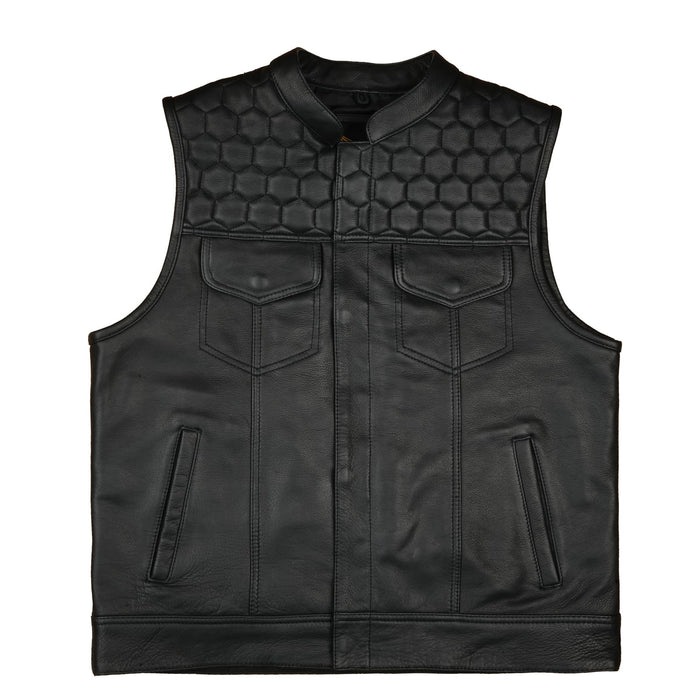 Front view of SOA Pre Black Honeycomb Stitch Leather Waistcoat with chest pockets and brass snap closures