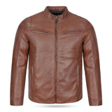 Front view of a men's Hooper brown real leather biker jacket featuring a cafe racer stand collar and multiple zip pockets.