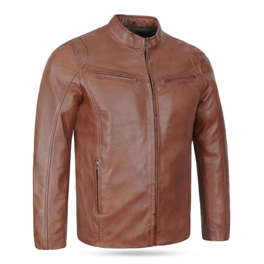 Men's Hooper brown leather biker jacket in a sleek cafe racer style with a stand collar and zip pockets.