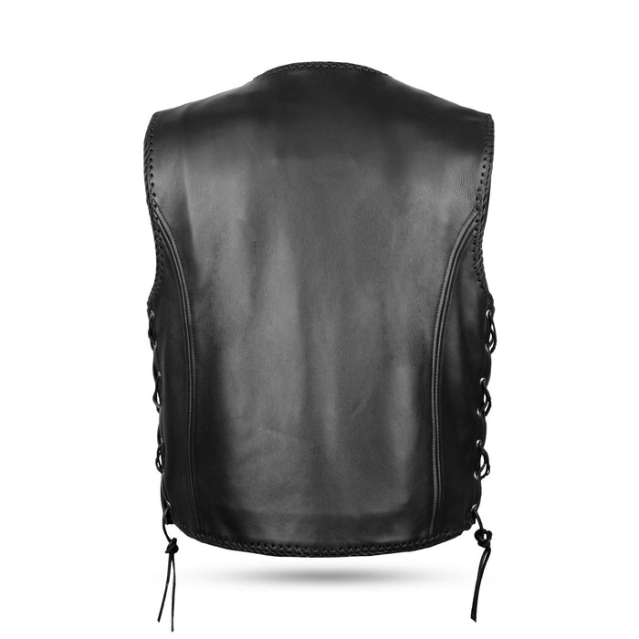 Back view of Short Body Fish Hook Waistcoat showcasing 3 large back panels and shiny silver eyelets for side lace adjustments
