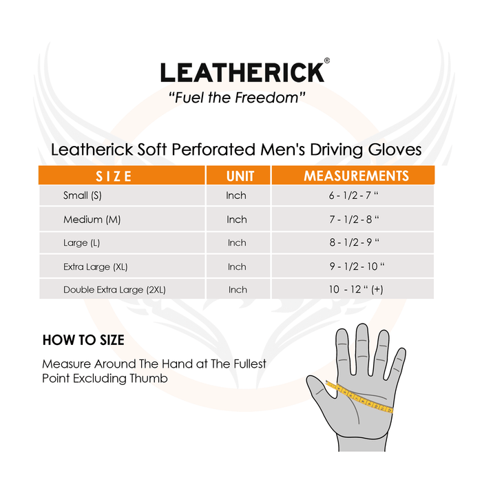 Leatherick men's soft perforated driving gloves size guide and chart showing how to measure hand circumference in inches.