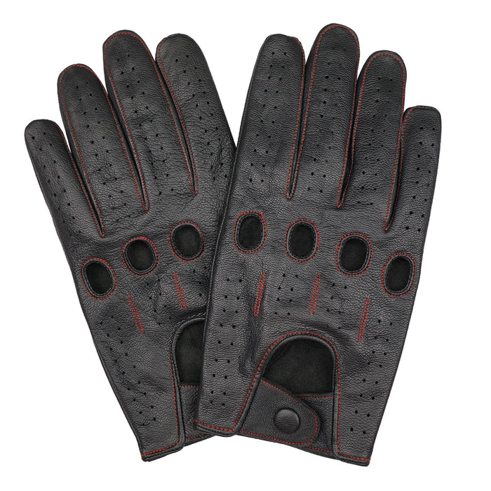 Leatherick men's black genuine leather driving gloves with red stitching, knuckle holes, and a breathable perforated design.