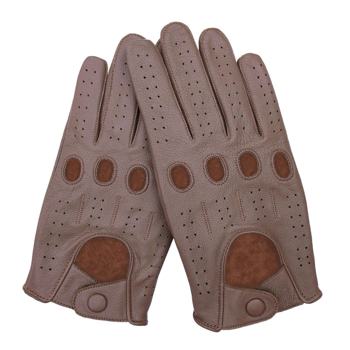 Leatherick men's dark brown genuine leather driving gloves with a classic perforated design and breathable knuckle holes.