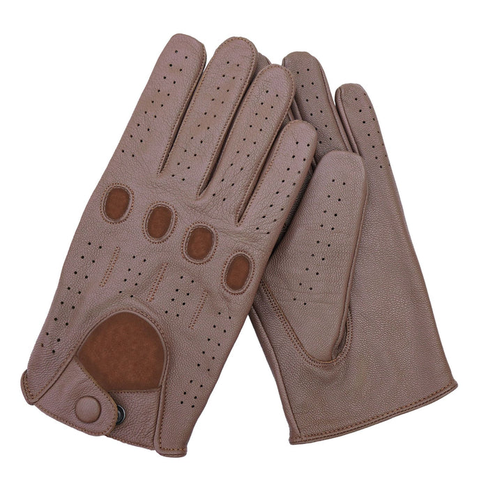 Leatherick men's dark brown genuine leather driving gloves with knuckle holes and breathable perforated detailing.