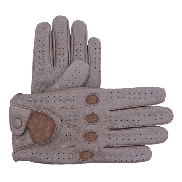 Leatherick unisex tan brown genuine leather driving gloves with a classic perforated design, knuckle holes, and a secure snap button closure.