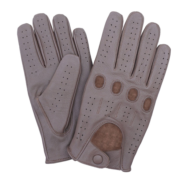 Leatherick unisex tan brown genuine leather driving gloves with a breathable perforated design and classic knuckle holes.