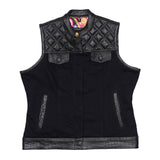 Leatherick Chaleco de motocicleta con puntada de diamante para mujer