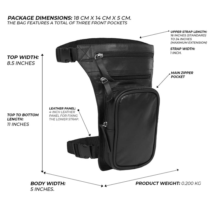 Product infographic showing measurements and size details for the black real leather drop leg biker bag.