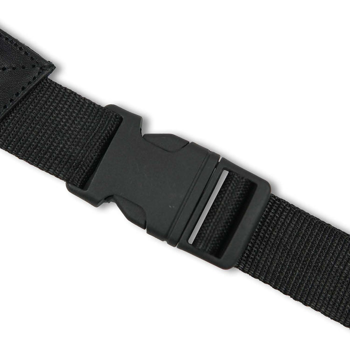 Close-up of a black adjustable nylon strap with a sturdy plastic buckle for a leather biker leg bag.