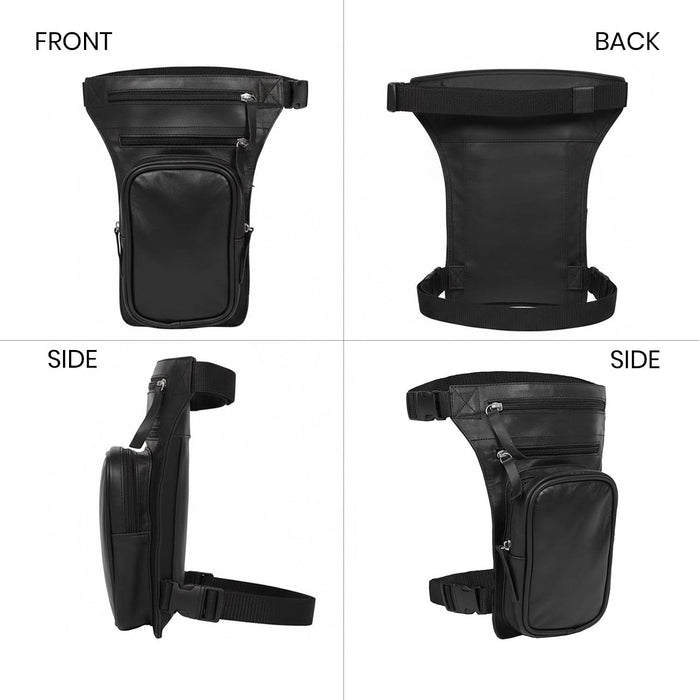 Front, back, and side views of a black genuine leather drop leg bag for bikers with adjustable straps and multiple pockets.