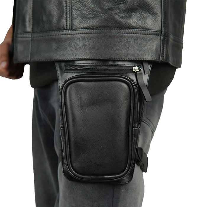 A biker wearing a black real leather drop leg bag showing how it fits comfortably on the thigh for easy access.