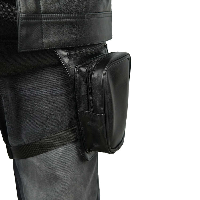 Side view of a biker wearing a black real leather drop leg bag showing the secure adjustable straps and multiple zip pockets.