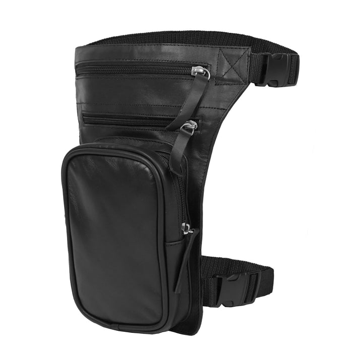 Black real leather drop leg bag for bikers featuring multiple zip pockets and adjustable waist and thigh straps.