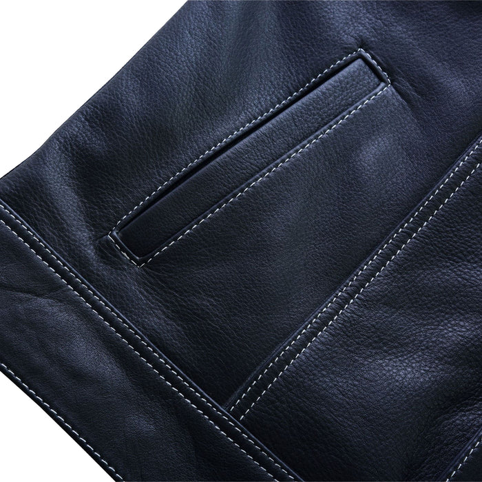 Close-up of chest pockets on SOA Pre White Diamond Waistcoat with white stitching and sunglasses hole on the left pocket.