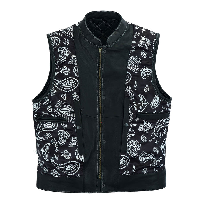 Inside view of SOA Pre White Diamond Waistcoat featuring black satin liner with white paisley print and wired zipper pocket.