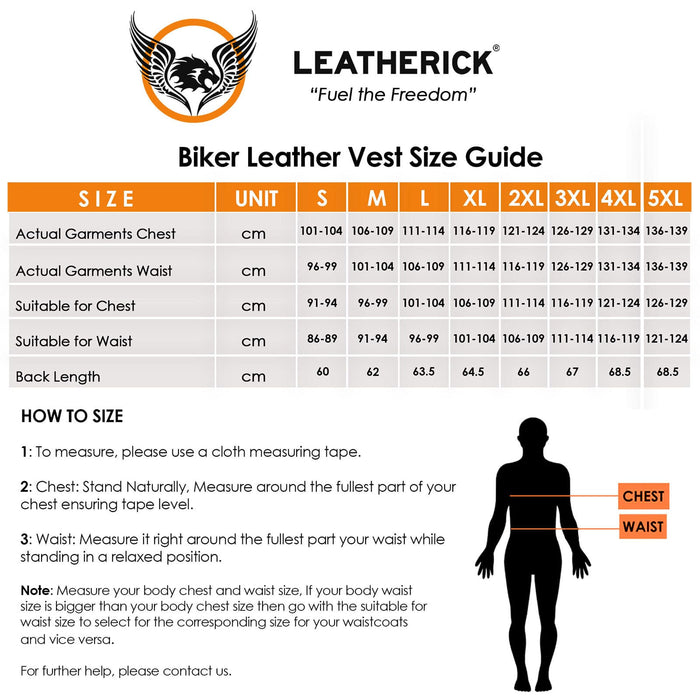 Denim Style Side Lace Pre Waistcoat size chart image displaying chest measurements, waist measurements, and corresponding UK, USA, and AUS sizes for S to 5XL.