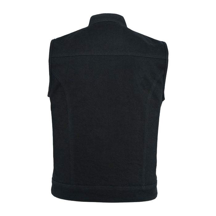 Back view of SOA Full Denim Collar02 Waistcoat showcasing four large back panels with a clean denim finish and breathable mesh liner.