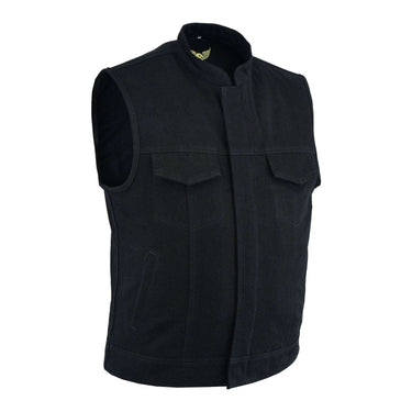 Collared Men's Black Denim Motorcycle Vest - Biker Club Cut