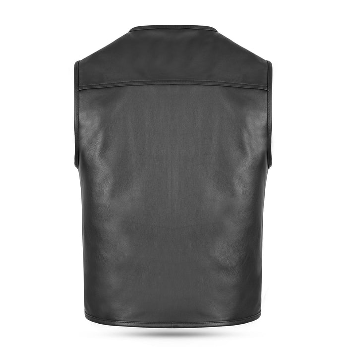 Back view of a men's black genuine leather biker waistcoat showing a smooth one-piece panel for patches.