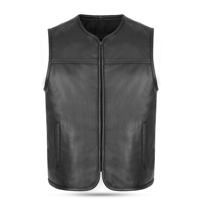 Front view of a men's black genuine leather biker waistcoat with a zipped front and round collar.