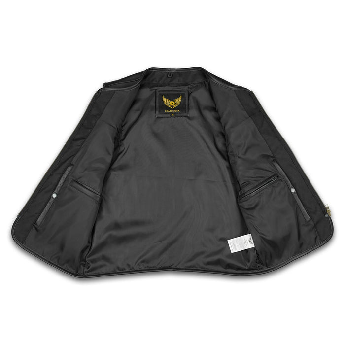Inside view of a black genuine leather biker waistcoat showing the smooth polyester lining and two internal zip pockets.
