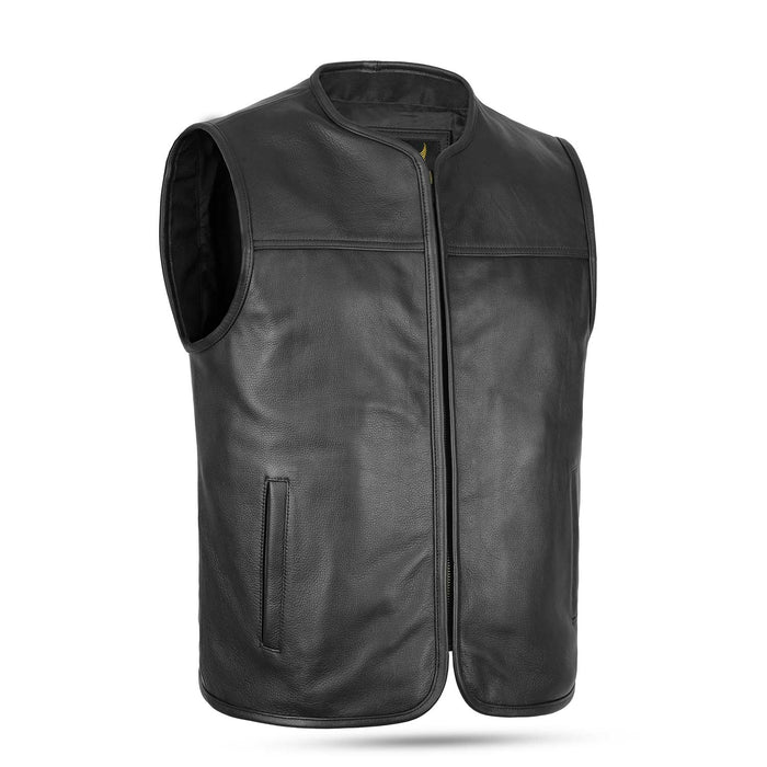 A black genuine leather biker waistcoat for men featuring a round neck and front zip fastening.