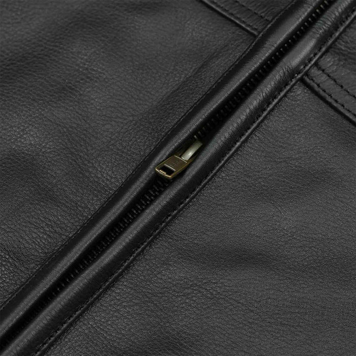 A detailed close-up of the durable metal front zipper on a black genuine leather biker waistcoat for men.