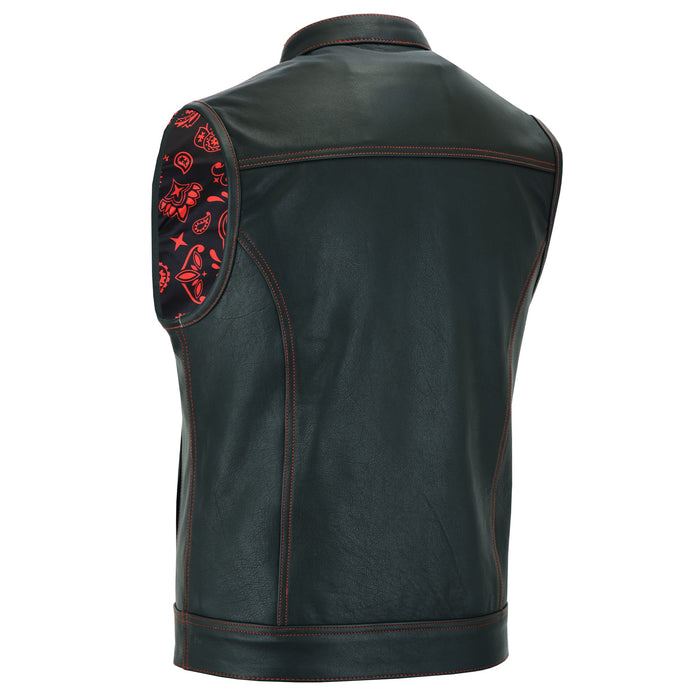 Back view of SOA Pre Waistcoat featuring four large black leather panels with red double-stitched seams.