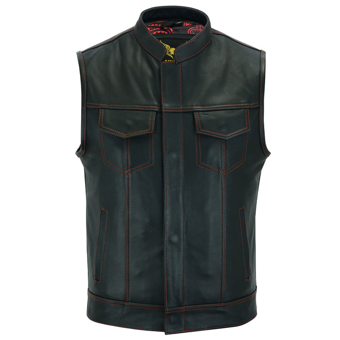 Front view of SOA Pre Waistcoat in black cow leather with red stitching and red & black paisley inner liner for men